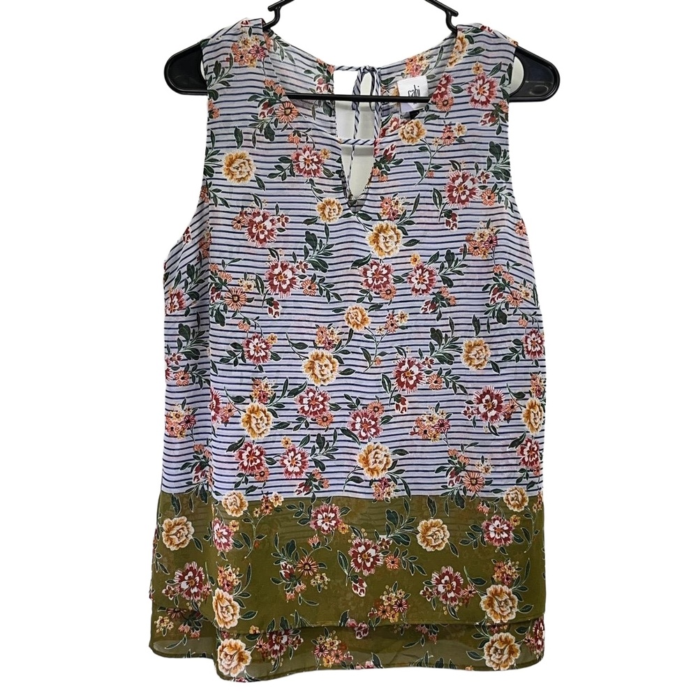 Cabi Multicolor Womens Sheer Floral‎ Print Striped Sleeveless Blouse Medium